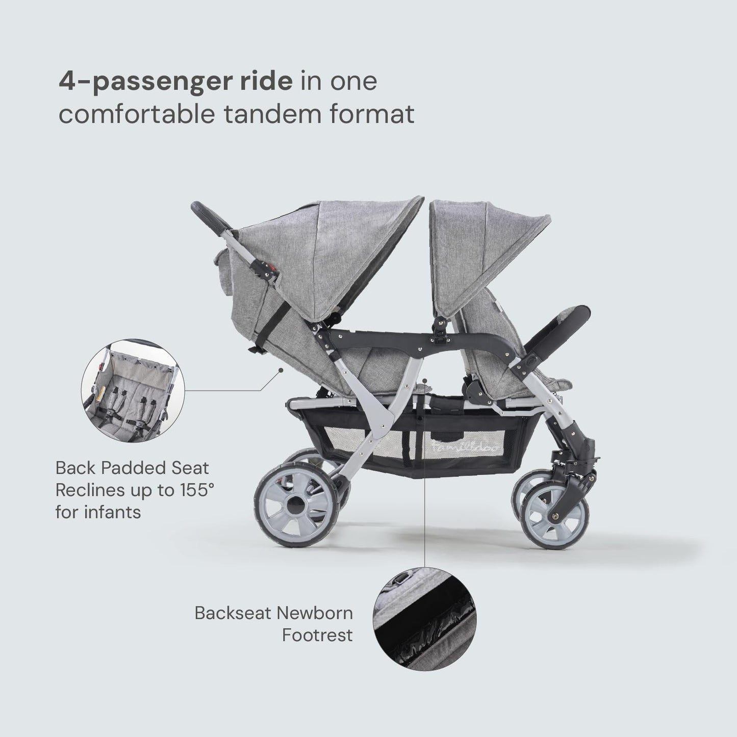 Familidoo H4E Quad Stroller Wagon for Kids, 4-Seater Daycare Baby Stroller with 5-Point Safety Harness, Lightweight & Foldable with All Reclining Seats, Double Canopy & Rain Cover (Gray)