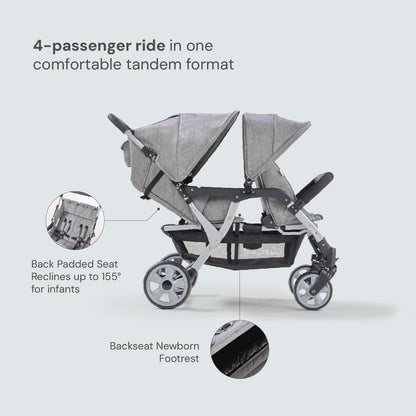 Familidoo H4E Quad Stroller Wagon for Kids, 4-Seater Daycare Baby Stroller with 5-Point Safety Harness, Lightweight & Foldable with All Reclining Seats, Double Canopy & Rain Cover (Gray)