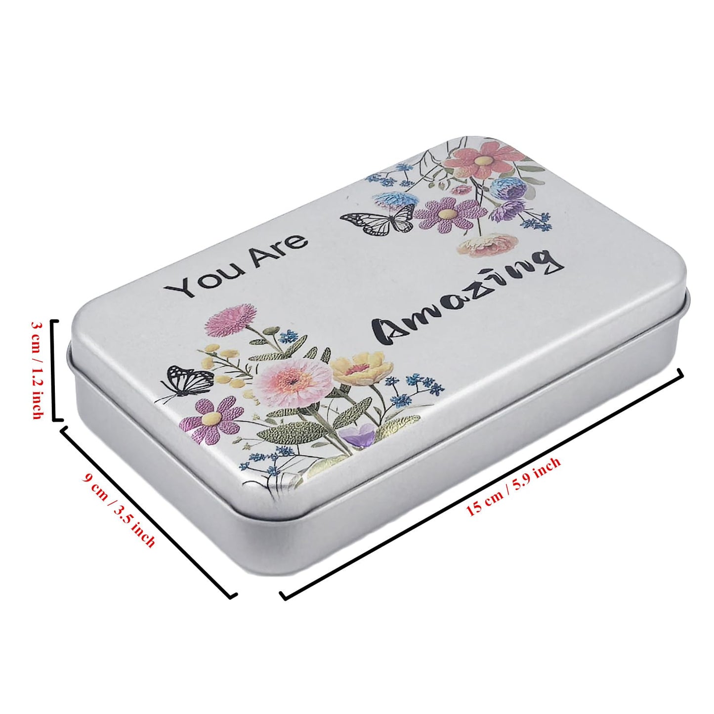 Goodma 6 Pack Rectangular Metal Tins Storage Organizer Gift Boxes with Inspirational Quotes & Flowers Image Pattern on the Lid, 5.9 x 3.5 x 1.2 inch (Silver)