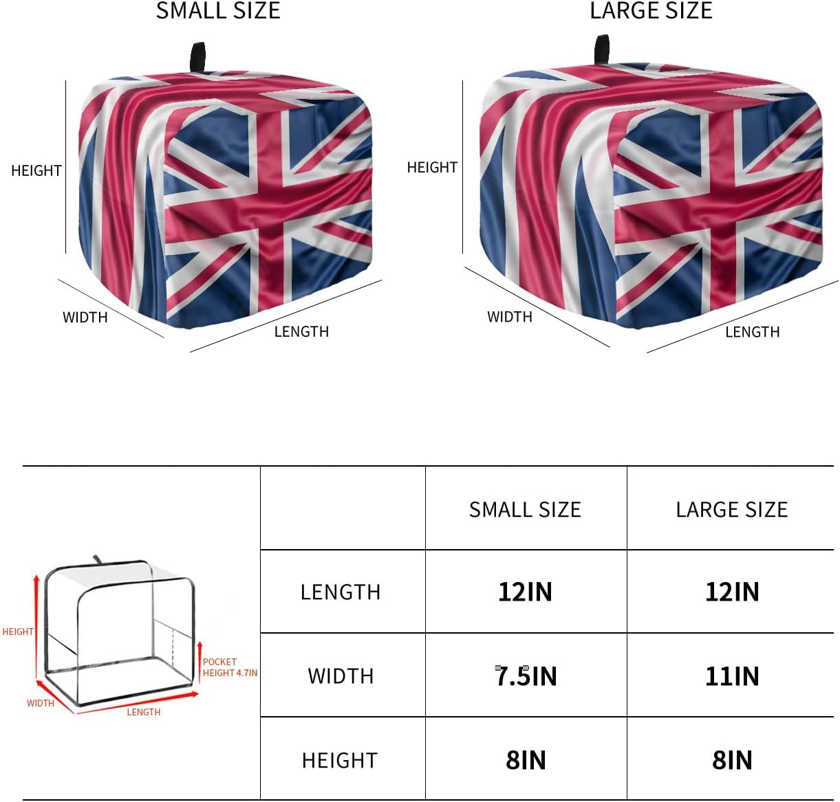 Toaster Dust Cover with Pockets, National Flag Day Classic British Loyalty Symbol, Soft Washable 2 Slice Toaster Cover