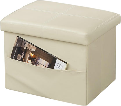 16 inch (Beige-2) AmasSmile Storage Ottoman Folding Foot Rest Stool with Side Pocket, Leather Footstool Bench, Short