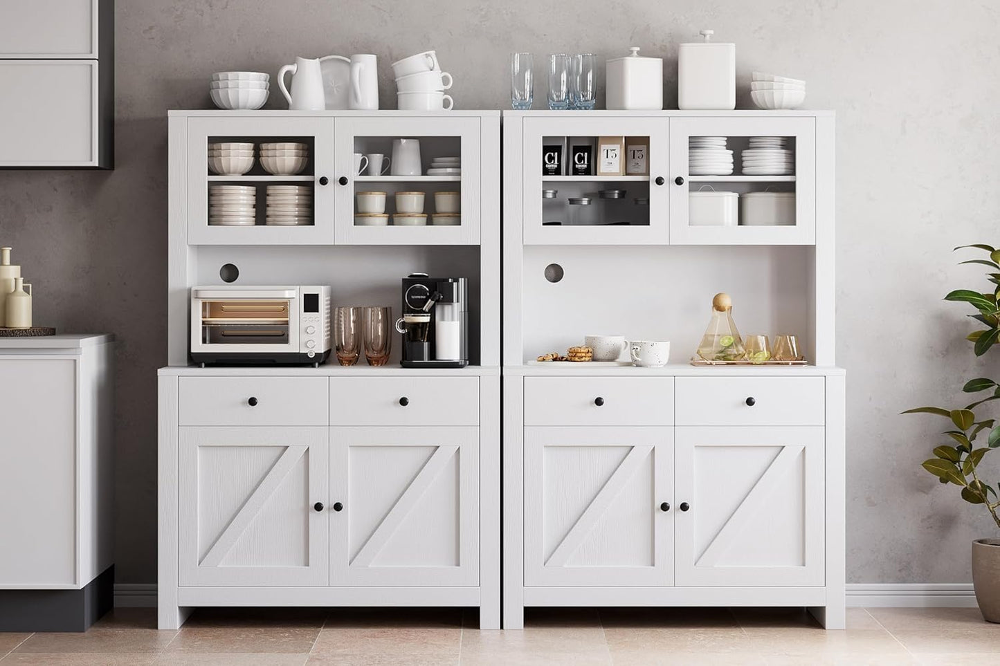 GarveeHome Kitchen Pantry Cabinet with Microwave Stand, Freestanding Hutch Cabinet with Buffet Cupboard, Tall Kitchen Cabinets with Adjustable Shelves for Dining Room, White