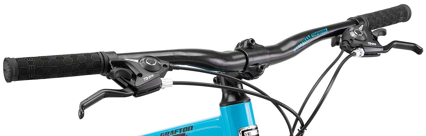 Mongoose Grafton Mountain Bike, 27.5 Inch Bike for Men and Women, 21 Speed, Aluminum Frame, Knobby Mountain Tires, Suspension Fork, Trigger Shifters, Mechanical Disc Brakes, Adult Bicycle
