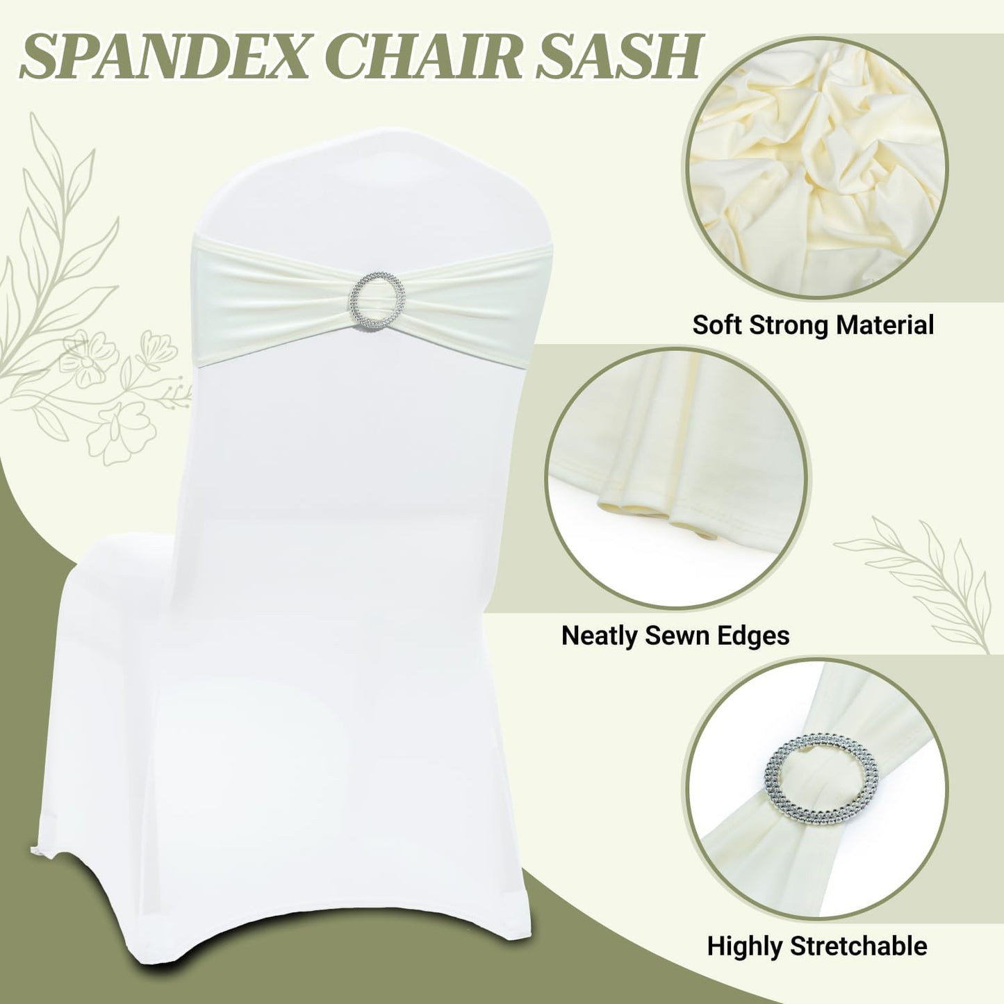 MDS Spandex Chair Sashes - Premium Stretch Covers with Buckle Slider | Universal Fit for Weddings & Events - Ivory, Pack of 75