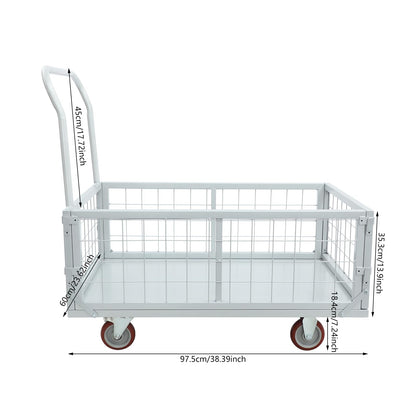 Platform Truck Cart, 4-in-1 Heavy Duty Flatbed Dolly with Detachable Wire Cage, Folding Utility Push Cart with 360° Swivel Casters, Steel Rolling Trolley for Warehouse Garage Transport Moving