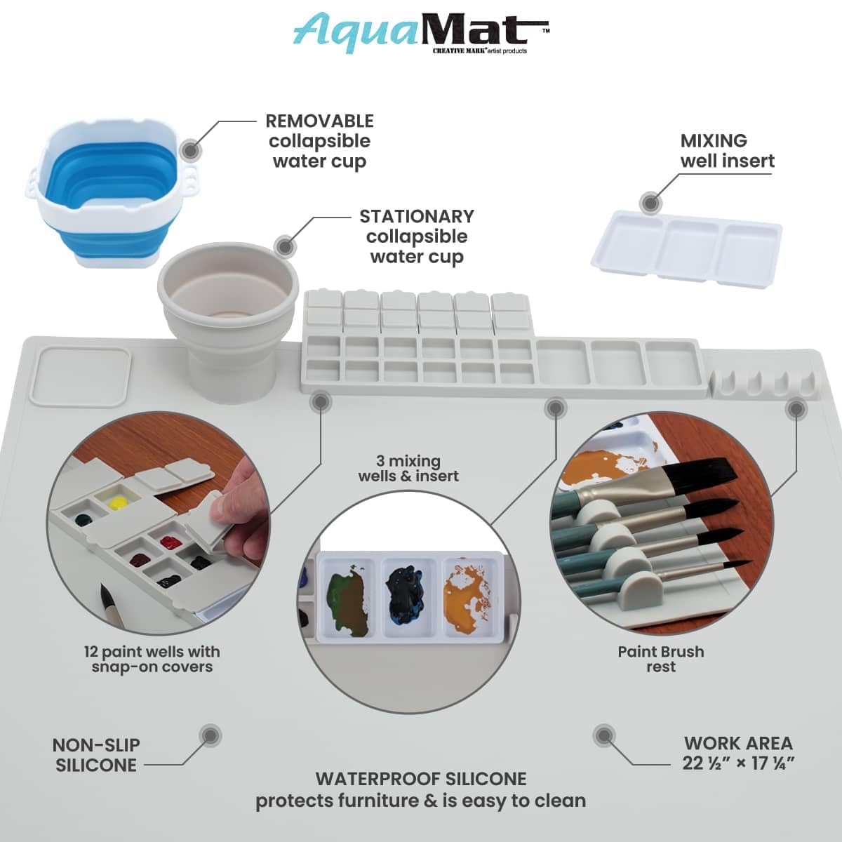 Creative Mark AquaMat Non-Slip Silicone Paint Mat - 23-3/8" x 21-3/8" - 5 Paint Cup Liners & 5 Palette Inserts for Artists, Painters & Crafters, Waterproof Surface Protection Rolls Up for Storage