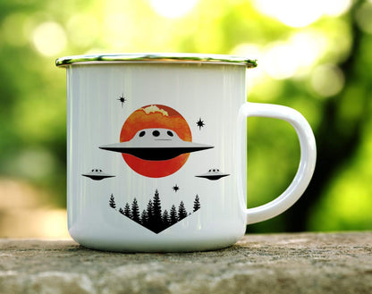 UFO Alien Extraterrestrial Enamel Campfire Mug, Outdoor Camping Coffee Cup, 12oz Gift for Camp Lovers