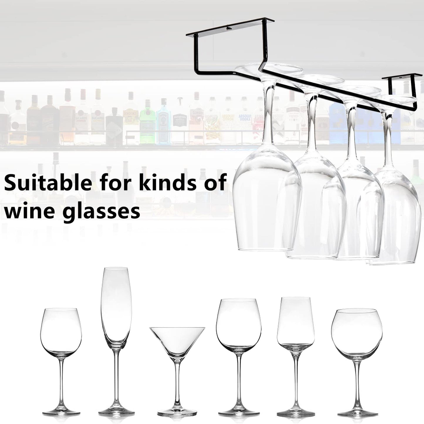 Dicunoy 6 Pack Black Wine Glass Rack, 14 Inch Under Cabinet Stemware Holder, Wall Mounted Iron Wine Glass Hanging Rack for Shelf, Kitchen, Bar, Wine Cellar Storage, Organizer, Display