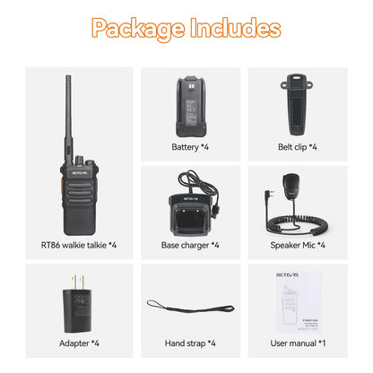 Retevis RT86 2 Way Radio Long Range,Professional Radio Walkie Talkies with Mic,Heavy Duty Two Way Radios,High Power, 2600mAh, Rechargeable Radios for Adults Warehouse Industrial Manufacturing(4 Pack)