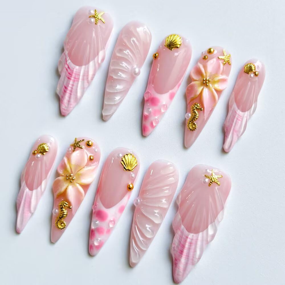 10Pcs Press On Nails - MAGLFELL Handmade Stiletto Pink Fake Nails, 3D Pink Carved Flower, and Gold Plated Accessories Design, Reusable Artificial False Nails for Women Acrylic Nails Kit (Size S)