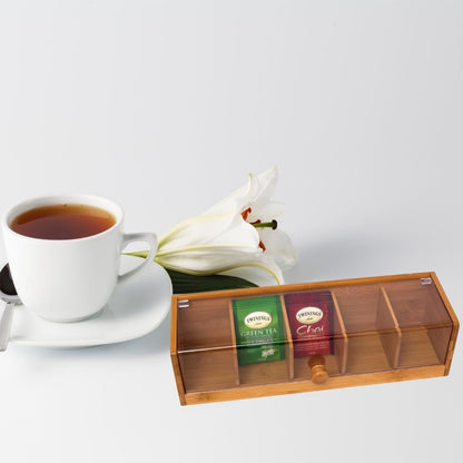 RRRICO Bamboo Tea Box with Clear Acrylic Lid – Tea Bag Organizer for Drawer Cabinet or Counter Tea Storage Box for Herbal Tea, Sugar Packets, Coffee Station Kitchen Tea Organizer with Compartments