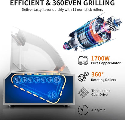 1670W Hot Dog Roller Grill with 11 Rollers, 30 Hot Dog Capacity, Dual Temp Control, Stainless Steel, Dust Cover, LED Light,Commercial & Home Use (Red-Black)