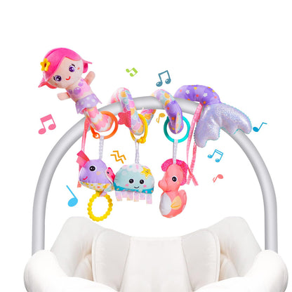 Koty Carseat Toys Hanging, Pink Mermaid Stroller Toys for Babies 0-6 Months, Baby Car Seat Toy with Crinkle, Teether, Music Box, Rattle, BB Squeaker for Babies Boys Girls Gifts (Pink Mermaid)