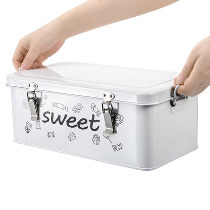 Frcctre Candy Storage Box, 4 Compartments Metal Candy Cookies Snacks Storage Tin Box with Lid Food Storage Container Farmhouse Kitchen Pantry Canister with Handle and Safety Lock