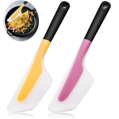 Bigwinyep Omelette Spatula, Silicone Spatula Heat Resistant Flip and Fold Omelette Turner for Kitchen Omelet Pancake Crepes, Pink&Yellow