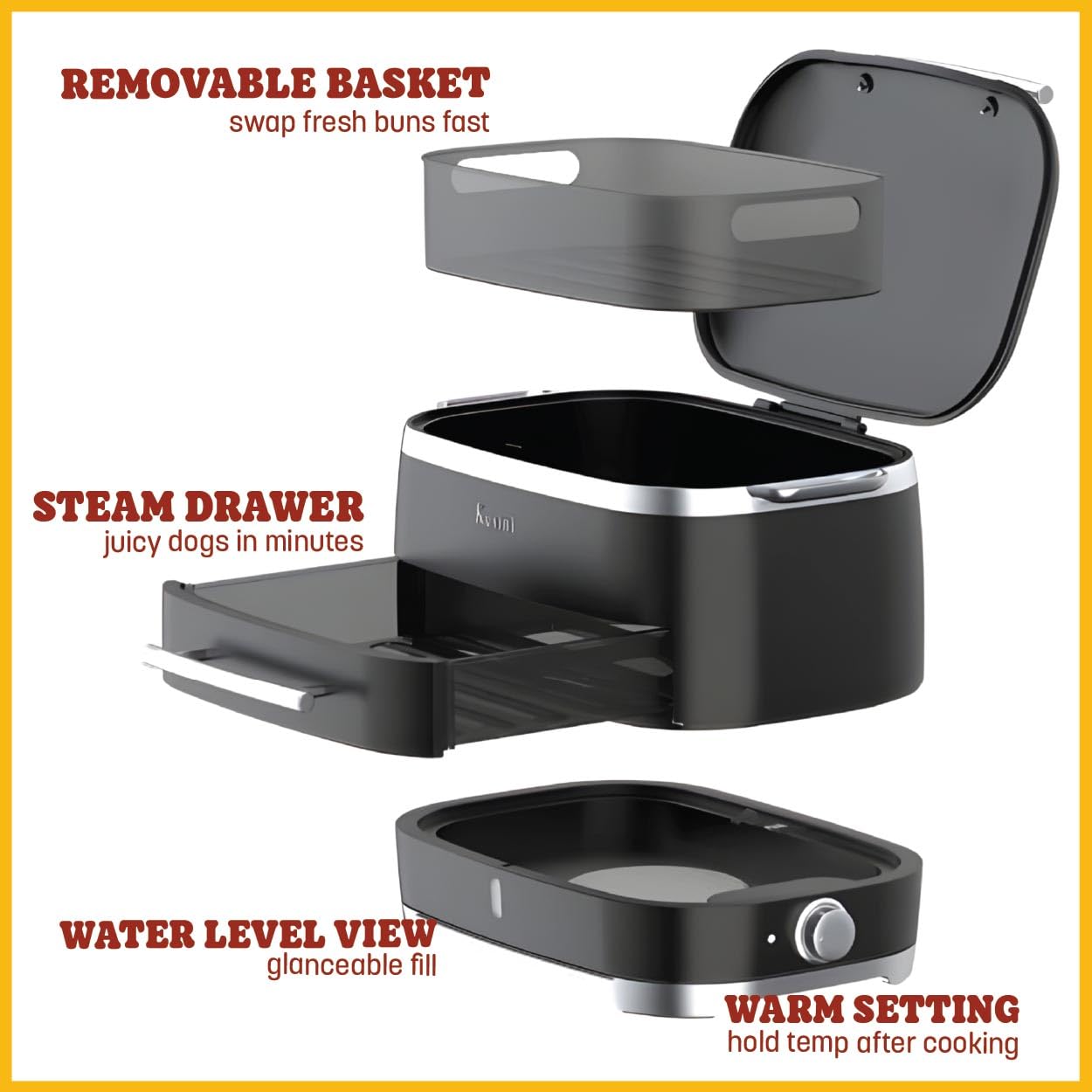 Kusini Hot Dog Steamer Machine With Bun Warmer, 24 Hot Dog & 12 Buns - Electric Food Steamer for Cooking Vegetables, Fish, & More - Unique Housewarming Gift Idea - Movie & Date Night Hosting Essential