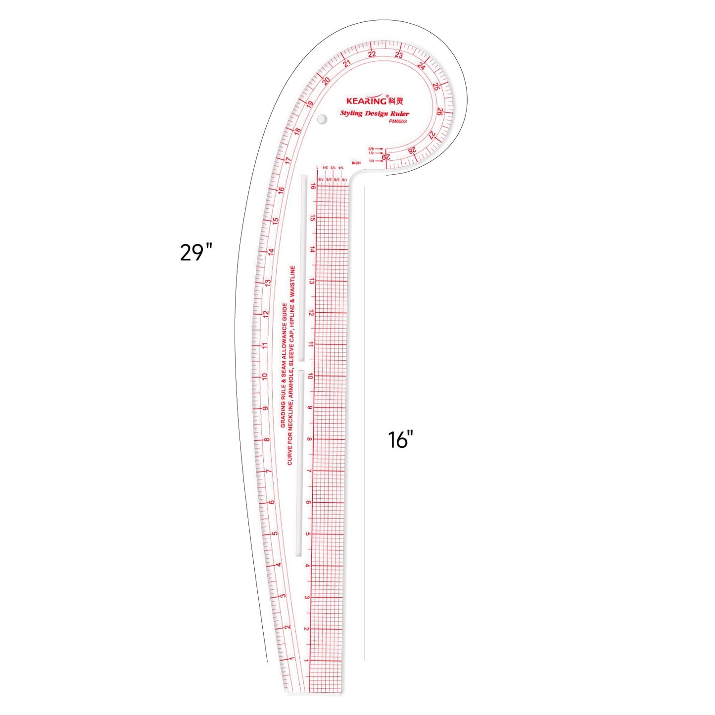 KEARING 29" Curve & 16" Straight Styling Design Marking Ruler, Clear Acrylic Hip French Curve Ruler Vary Form Curve Ruler for Sewing Pattern Making, 4 Rulers in 1 Transparent Fashion Designer's Ruler