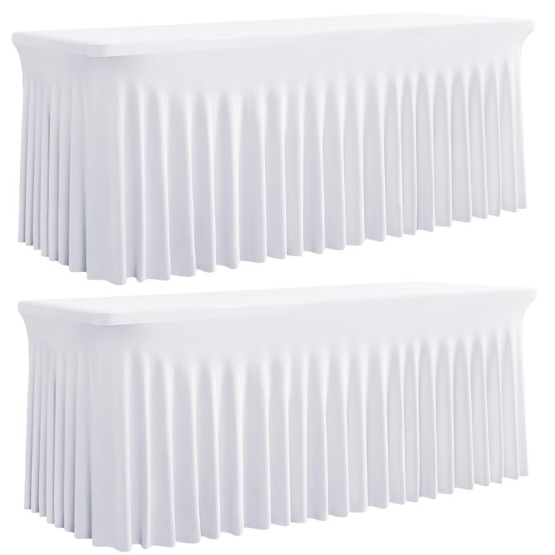 Outpain White Spandex Table Clothes for 8 Foot Rectangle Tables-2Pack 8FT Spandex Fitted Table Cover, Wrinkle Free Tablecloths with Skirt for Parties, Wedding, Birthday, Banquet, Festival