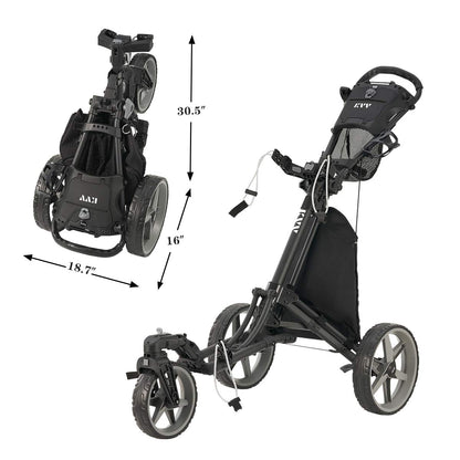 KVV 3 Wheel 360 Rotating Front Wheel Foldable/Collapsible Golf Push Cart with Foot Brake Open and Close in ONE Second-Free Umbrella Holder Included(Black/Charcoal)