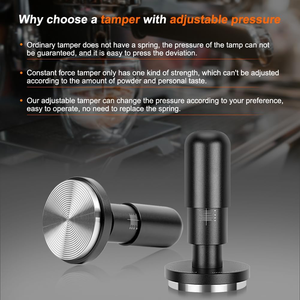 51mm Calibrated Espresso Tamper with Adjustable Pressure Feature, Anodized Aluminum Handle and Stainless Steel Base