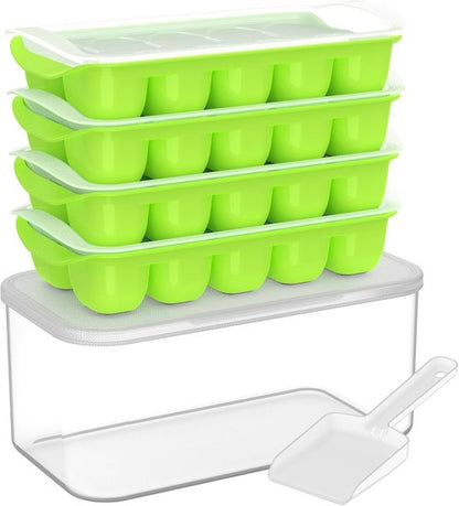 DOQAUS Ice Cube Tray - Stackable Silicone Ice Trays with Lid & Bin | 4 Pack, BPA Free for Easy Use