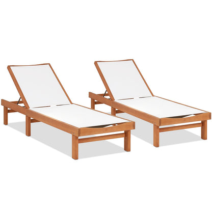 COSTWAY Set of 2 Patio Wood Chaise Lounge Chair, Strong Eucalyptus Wood Frame, 5-Position Adjustable Outdoor Recliner with White Mesh (White)
