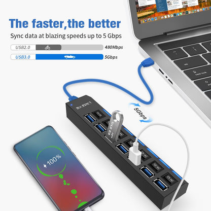 Multi Port Splitter, 7 Port USB 2.0 Hub, USB A Port Data Hub with Independent On/Off Switch and LED Indicators, Lights for Laptop, PC, Computer, Mobile HDD, Flash Drive and More (Black 2.0)