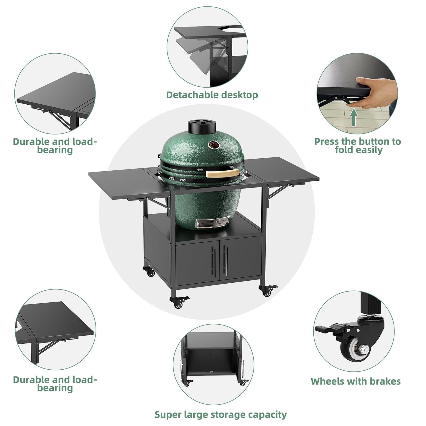 Heavy Duty Outdoor Grill Table for Dual Big Green Eggs, 304 Stainless Steel Prep Station with Storage Cabinet, 4 Swivel Wheels, Foldable Side Shelves, Fits Kamado Joe 18" & Ceramic Grills, M