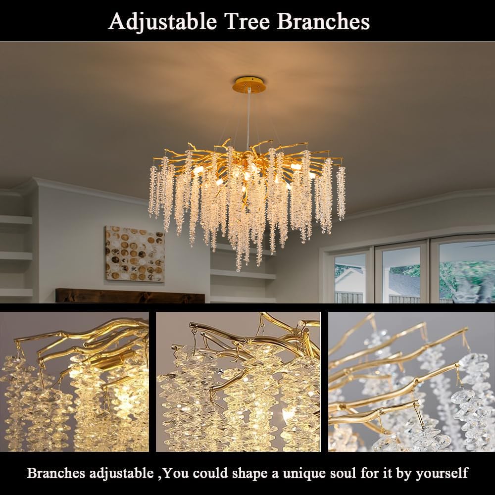 Puvaue Crystal Tree Branches Chandeliers Luxury Round Raindrop Pendant Light Fixture Ceiling Hanging Light for Dining Room Bedroom Living Room Entryway D31.5“ Gold