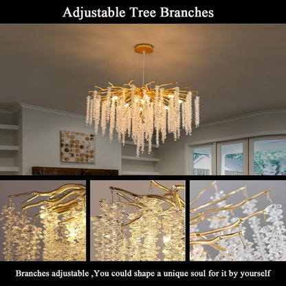 Puvaue Crystal Tree Branches Chandeliers Luxury Round Raindrop Pendant Light Fixture Ceiling Hanging Light for Dining Room Bedroom Living Room Entryway D31.5“ Gold