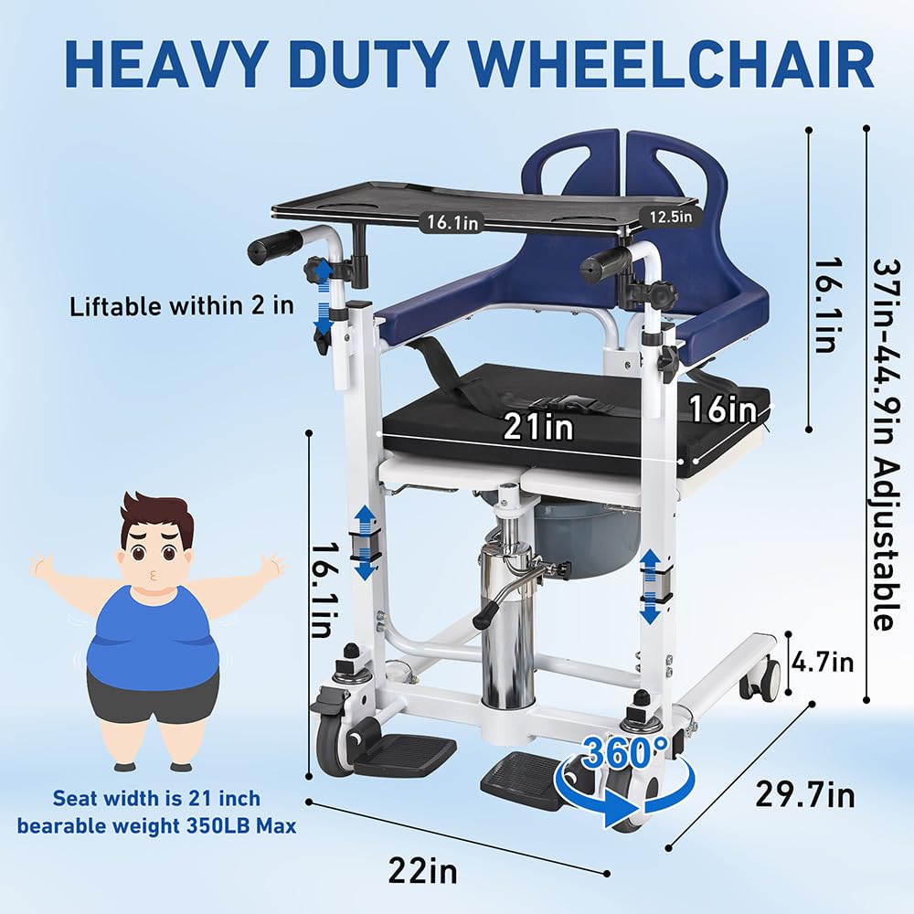 Patient Transfer Lift Chair, 350 lb Capacity, 180° Split Seat, Hydraulic Commode Wheelchair for Elderly, Bed to Toilet