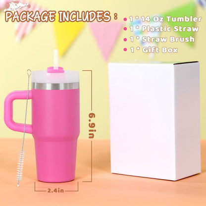 Cosictic 14 Oz Tumbler with Handle and Straw for Kids, Stainless Steel Double Wall Vacuum Insulated Cup for Children, 14 Oz Cups for Kids (Hot Pink)