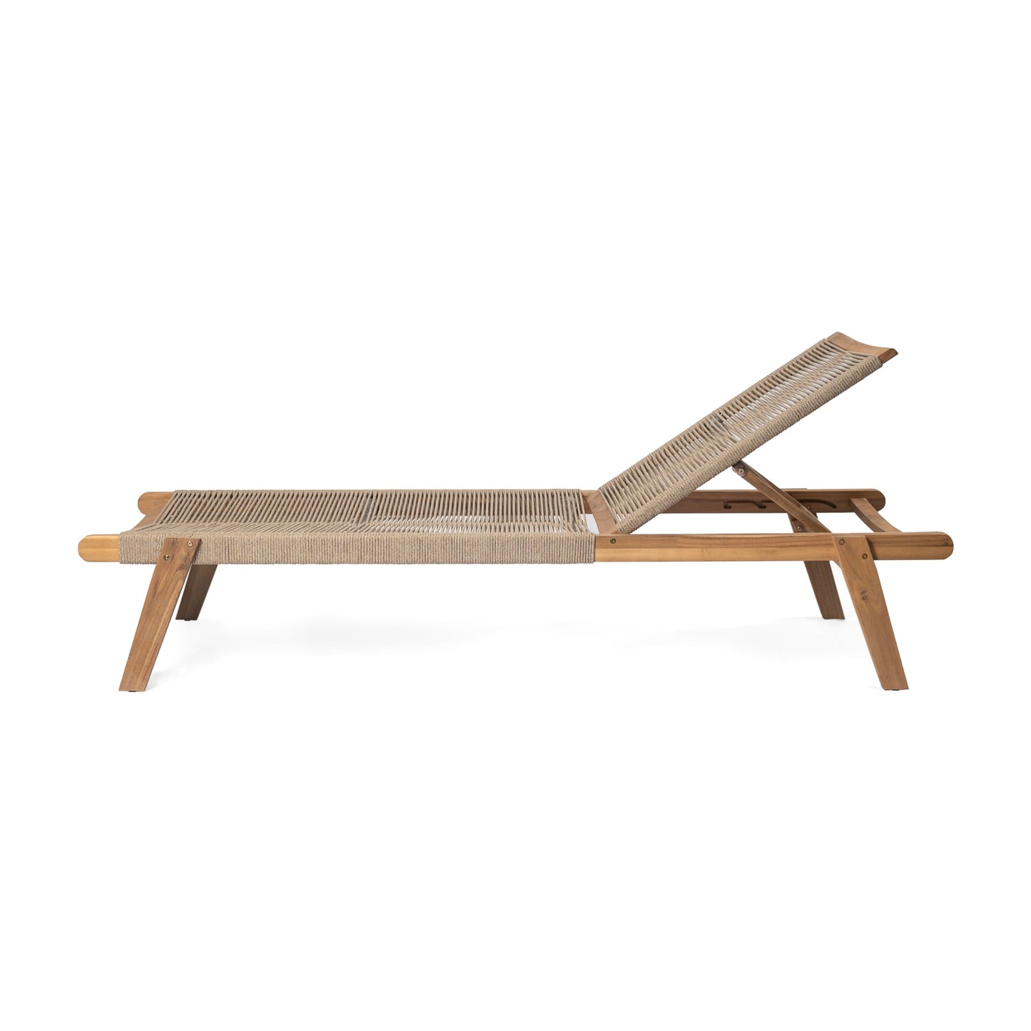 Christopher Knight Home Set of 2 Outdoor Patio Wood Adjustable Chaise Lounges with Rope Seating, Rope Chaise Lounge with Acacia Wood Frame, Chaise Lounge for Poolside, Balcony, Yard, Teak+Beige