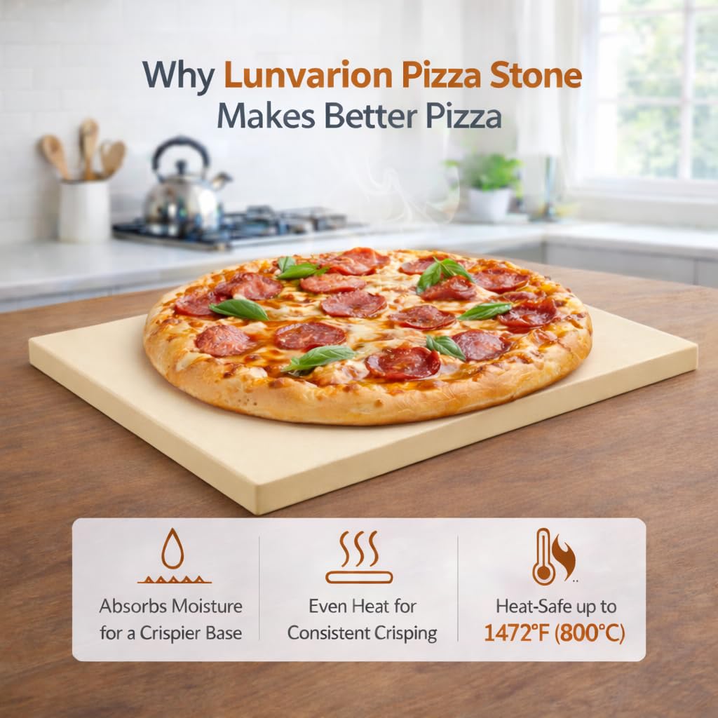 LUNVARION Pizza Stone 15×12 Inch Rectangular, Baking Stone for Oven & Grill – Premium Cordierite Heat-Resistant Pizza Baking Stone for Crispy Crust, Pizza, Bread, Baking & BBQ