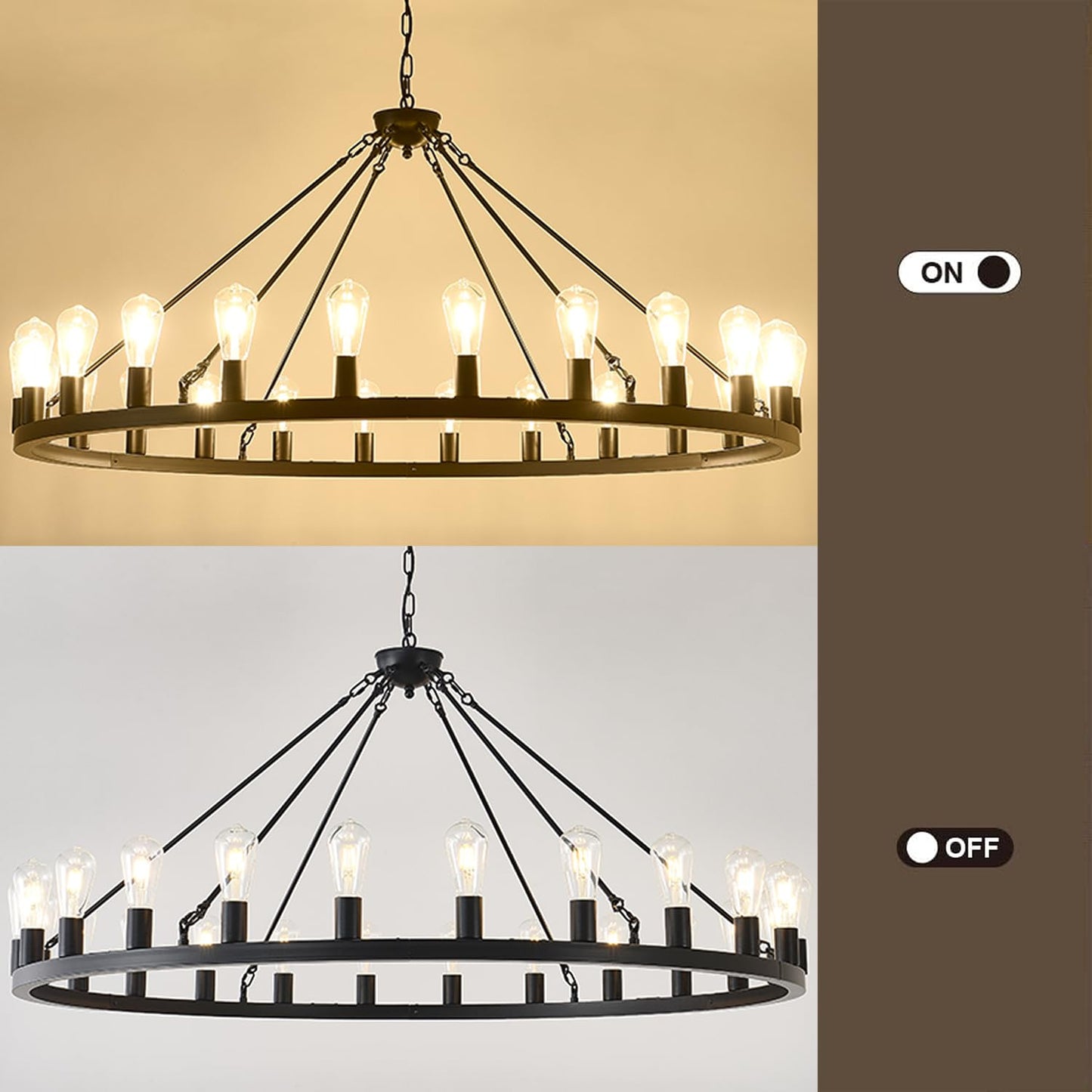 53” Large Farmhouse Wagon Wheel Chandelier,Black Rustic Chandelier 24-Lights,Round Dining Room Light with Adjustable Height,Industrial Ceiling Light Fixtures for Kitchen,Foyer,Porch,Living room
