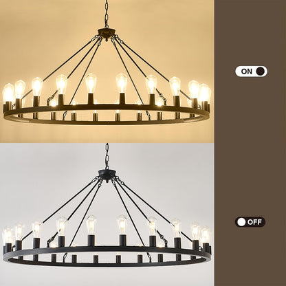 53” Large Farmhouse Wagon Wheel Chandelier,Black Rustic Chandelier 24-Lights,Round Dining Room Light with Adjustable Height,Industrial Ceiling Light Fixtures for Kitchen,Foyer,Porch,Living room