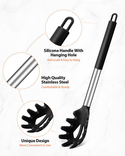 Silicone Spaghetti Spoon & Pasta Tong, Non-Stick Stainless Steel Handle Pasta Fork Set with Teeth, Food Clip for Easy Serving of Noodles (Black)