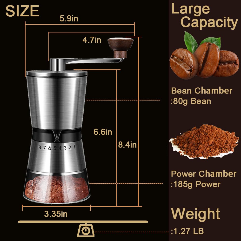Precision Manual Coffee Grinder for Home Use, 8 Adjustable Coarseness Setting,with Ceramic Universal for Travel Camping