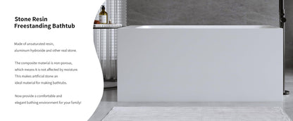 GDFStudio 51" Solid Surface Freestanding Bathtub, Matte White Resin Stone Soaking Tub with Overflow and Pop-Up Drain, Anti-Slip Stand Alone Deep Soaker Tub for Modern Bathroom Spa Relaxation