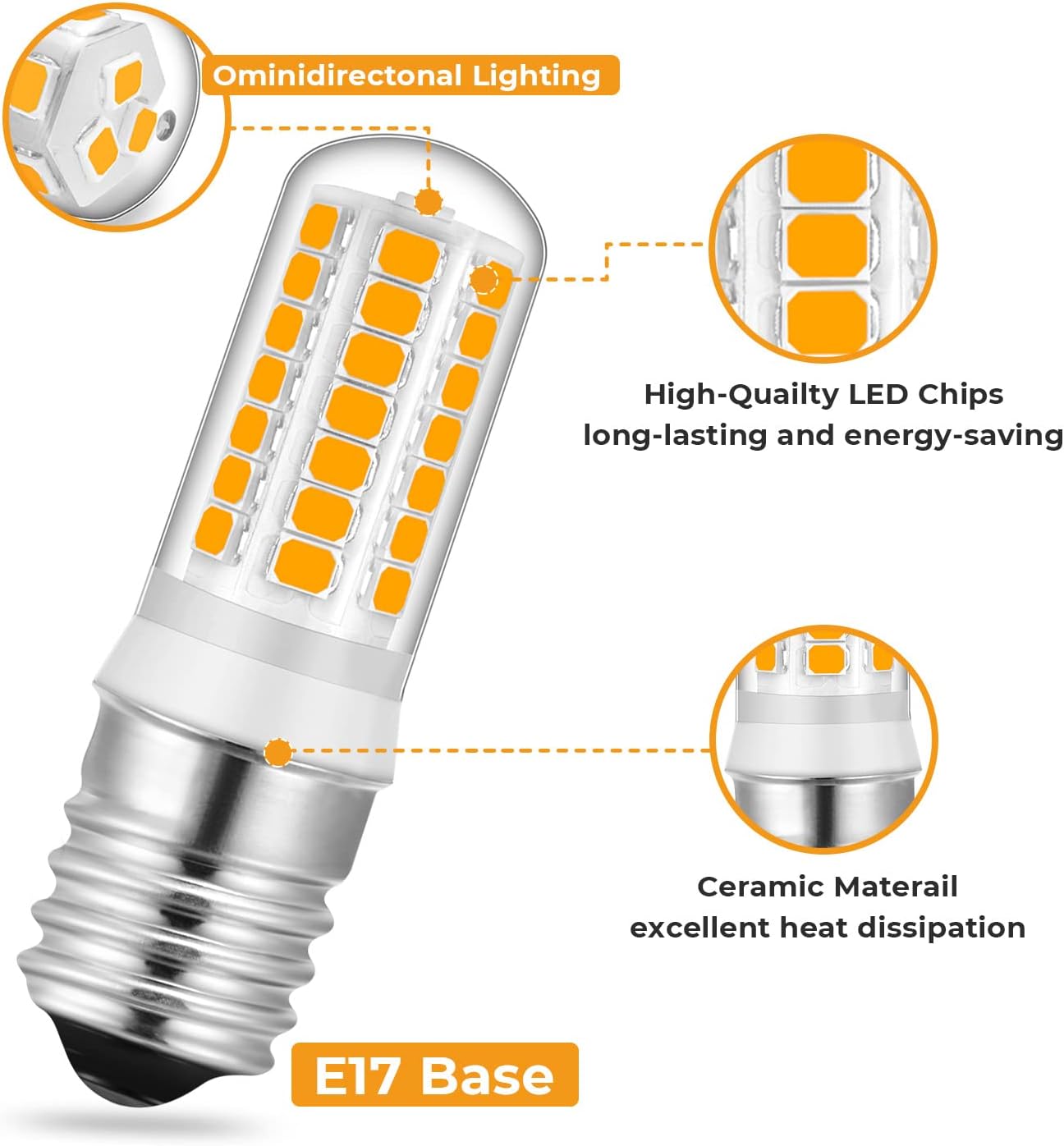 E17 LED Microwave Bulb - Warm White 3000K, 20W 30W 35W Halogen Equivalent Replacement Refrigerator Bulbs, 6 Pack