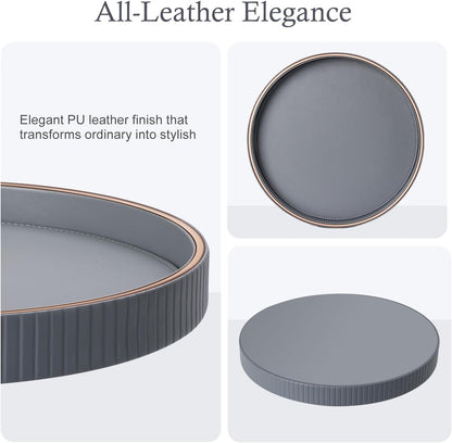 12" GORESE Round Coffee Table Tray for Home Decor, PU Leather Decorative Serving Tray for Home & Entryway Tables