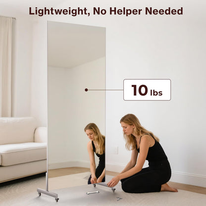 BRIVUE 81" x 41" Standing Mirror Full Length with Wheels, Large Glassless Rolling Mirrors with Brakes, Shatterproof HD Imaging Thin Frame Full Body Mirror for Dance Studio/Home Gym, Silver