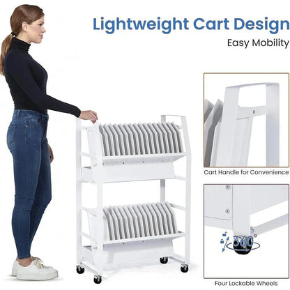 32 Device Mobile Charging Cart，Metrixpio Double-Layered Rolling Computer Cart with Socket Portable Ipad Storage & Laptop Cart for Teachers & White-Collar Workers