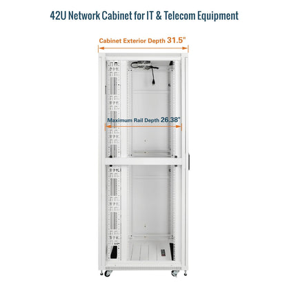 Tecmojo 42U Server Rack Network Cabinet 31.5" D x 23.6" W, Locking Data Cabinet Enclosure for 19" Server, Networking, AV & IT Equipment, Mesh Door, White