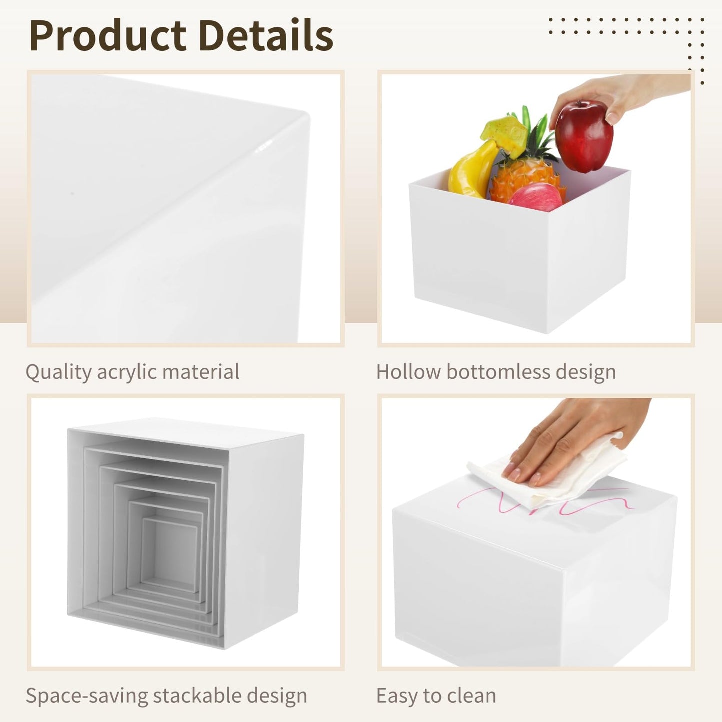 6 Pcs Buffet Display Risers, 3 to 8 Inch White Acrylic Showcase Boxes Set, Versatile Food & Dessert Display Stands with Hollow Bottoms, Ideal for Weddings, Parties, Jewelry & Retail Presentation