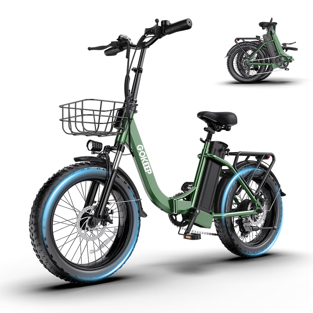 GOKEEP Electric Bike for Adults, Peak 1300W Motor, 75 Miles PAS Range, 52V 13Ah Removable Lithium Battery, Foldable Electric Bicycle, 20MPH 7-Speed Commuter Ebike, Max 330LBS, UL2849 Certified, Green