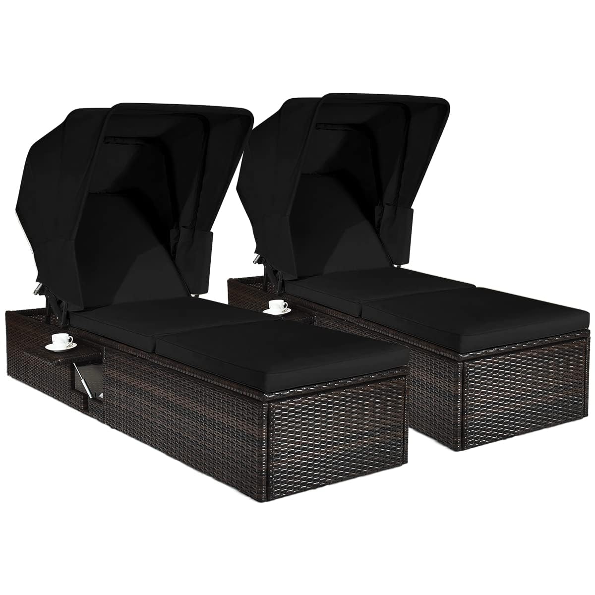 HAPPYGRILL Patio Chaise Lounge with Retractable Canopy, Outdoor Reclining Chair with Adjustable Backrest, Rattan Wicker Daybed with Coffee Table for Beach Poolside Backyard Balcony Porch