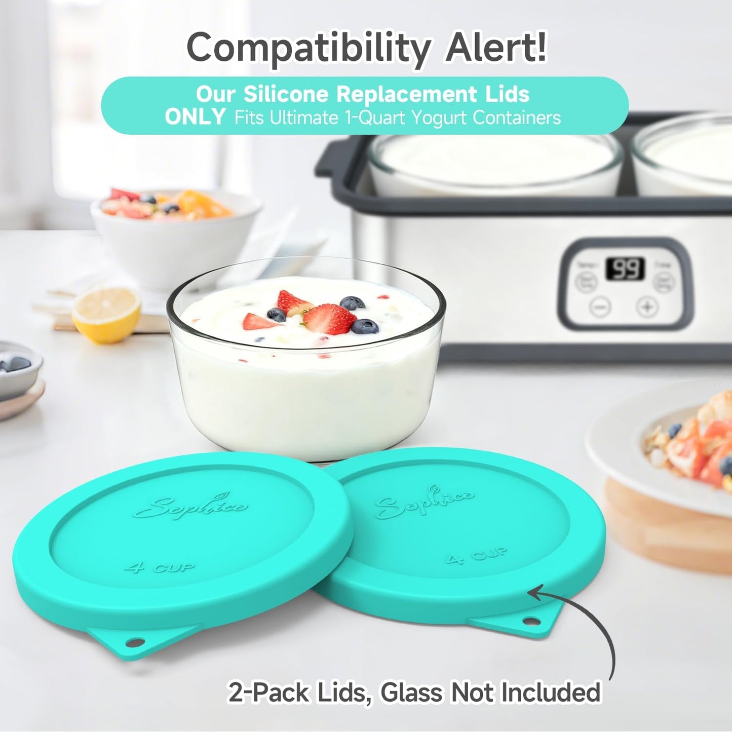 1-Quart 2 Pack) SOPHICO Silicone Replacement Lids Fit Ultimate Glass Containers, Airtight Seal Bowl Covers for Yogurt