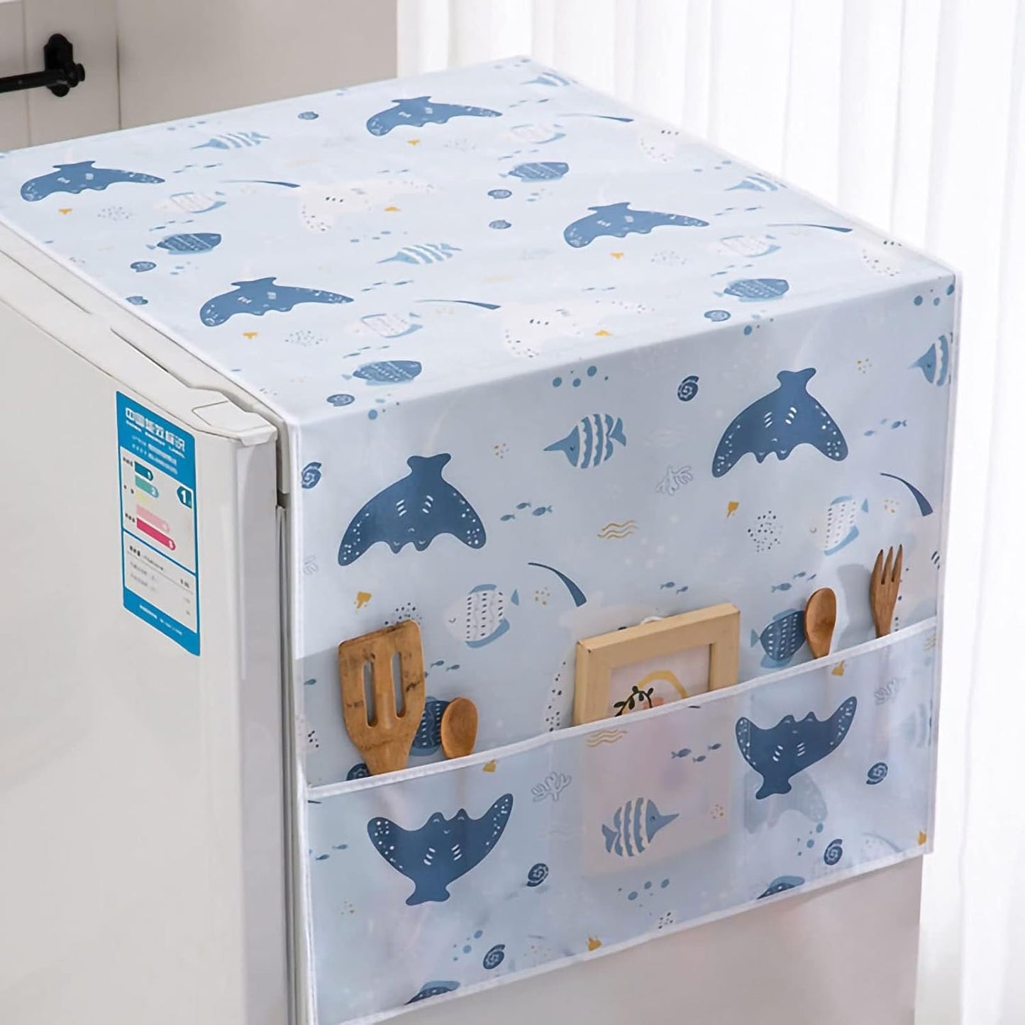 PEVA Refrigerator Dust-Proof Cover, Waterproof Top Cover with Storage Pockets for Home and Kitchen