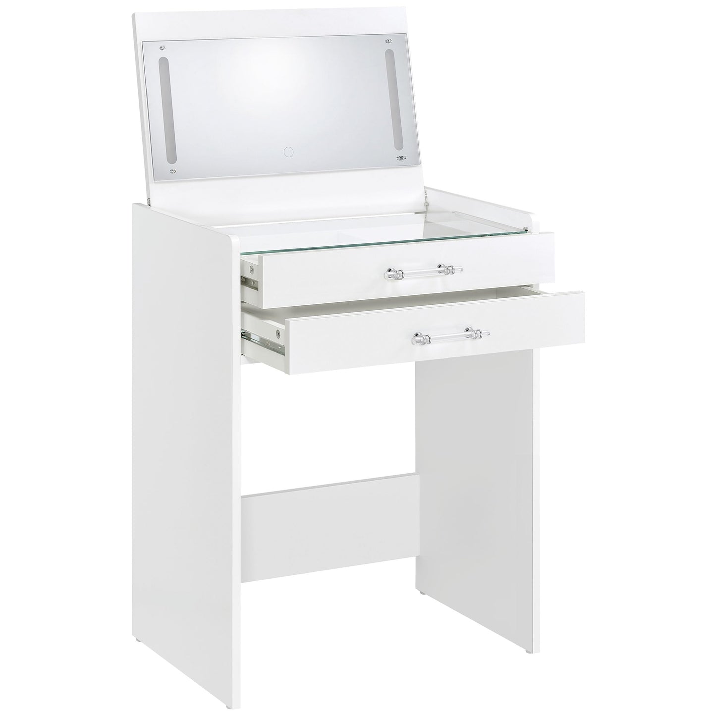 Coaster Home Furnishings Danbury Contemporary 2-Piece 2-Drawer Makeup Vanity Desk with LED Light Vanity Mirror Tempered Glass Top with Vanity Chair White High Gloss 930208